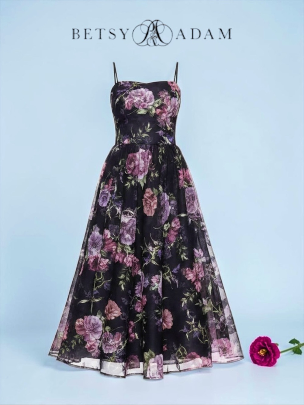 NWT Betsy & Adam Black Plum Floral Embroidered Sleeveless Gown Tulle Dress 10